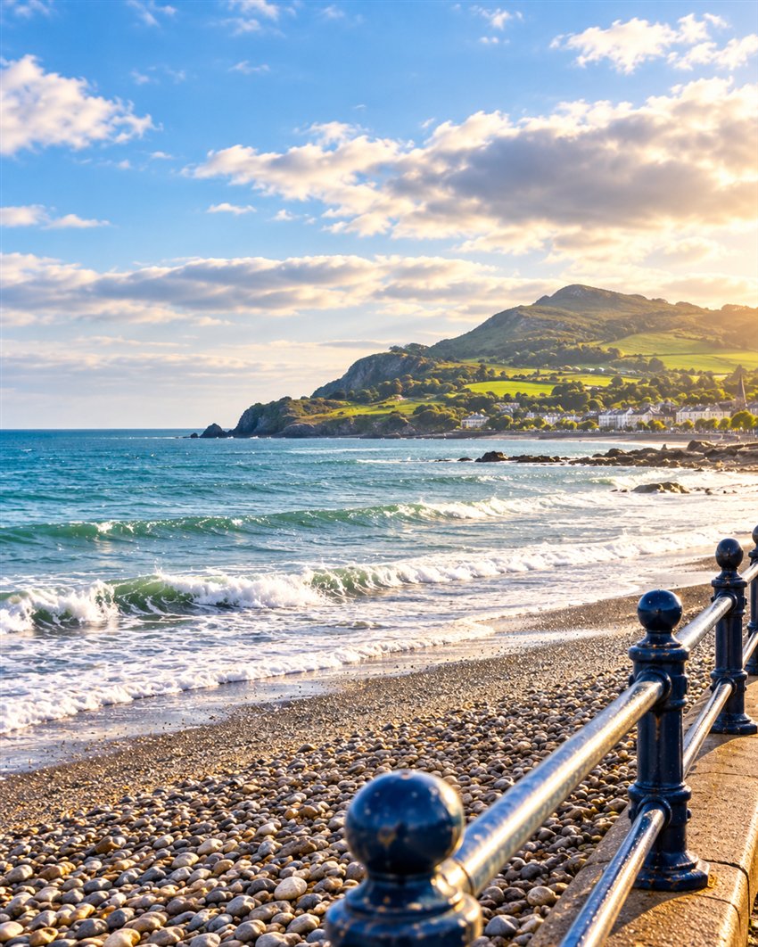 Coastal view in Ireland with beach, sea and hillside.